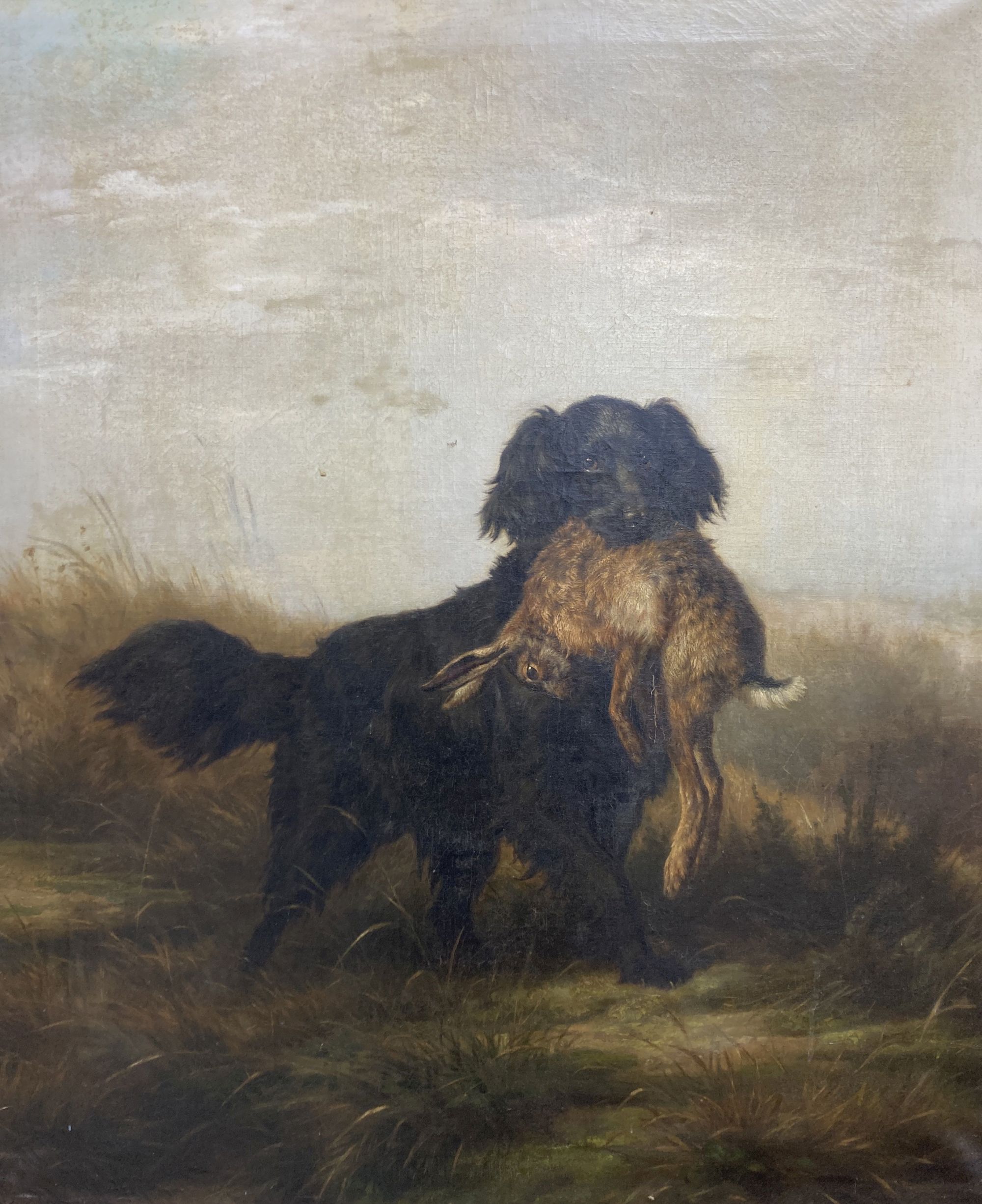 J. Detker (19th C.), oil on canvas, Black retriever with a hare, signed and dated 1879, 92 x 76cm